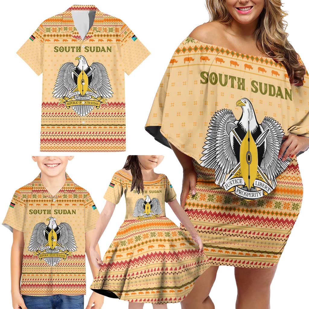 South Sudan Christmas Family Matching Off Shoulder Short Dress and Hawaiian Shirt with Beige Tribal Pattern, National Emblem, and Green Star Motif - Wonder Print Shop
