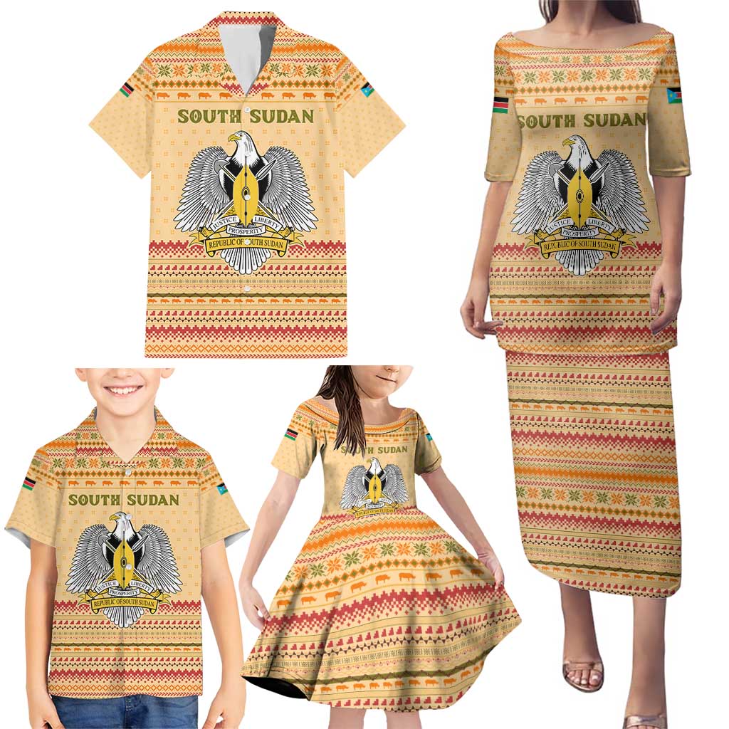 South Sudan Christmas Family Matching Puletasi and Hawaiian Shirt with Beige Tribal Pattern, National Emblem, and Green Star Motif - Wonder Print Shop