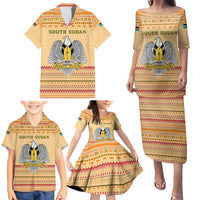 South Sudan Christmas Family Matching Puletasi and Hawaiian Shirt with Beige Tribal Pattern, National Emblem, and Green Star Motif - Wonder Print Shop