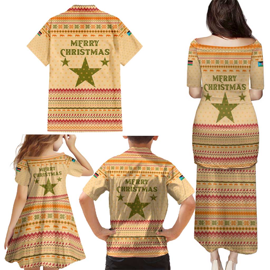 South Sudan Christmas Family Matching Puletasi and Hawaiian Shirt with Beige Tribal Pattern, National Emblem, and Green Star Motif - Wonder Print Shop