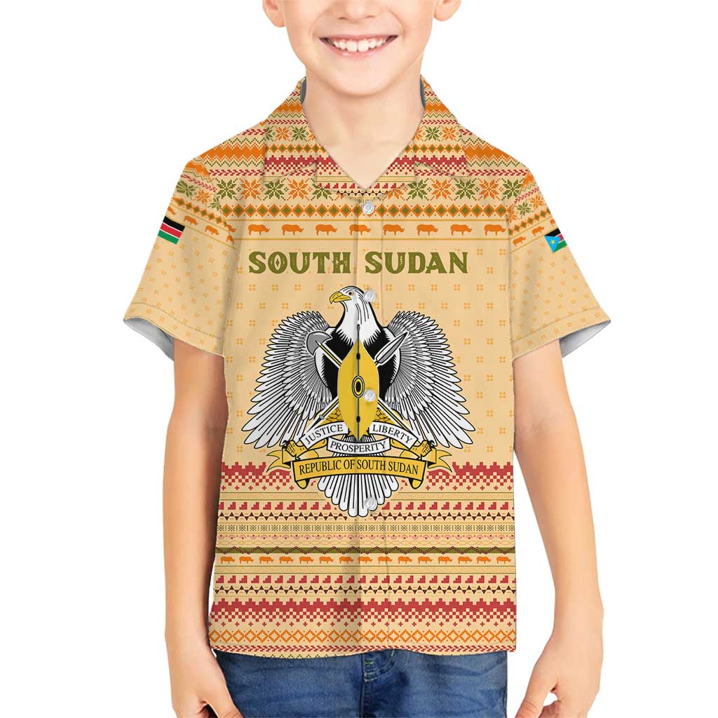 South Sudan Christmas Family Matching Puletasi and Hawaiian Shirt with Beige Tribal Pattern, National Emblem, and Green Star Motif - Wonder Print Shop