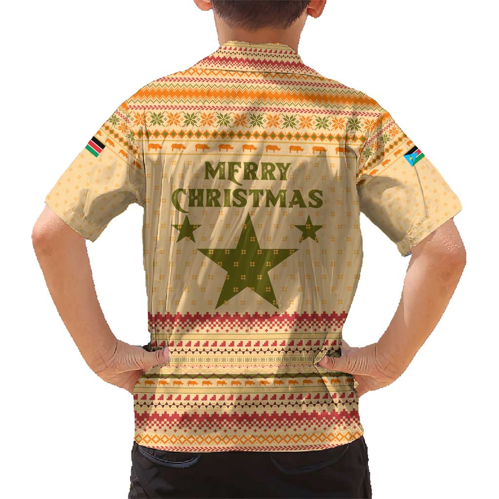 South Sudan Christmas Family Matching Short Sleeve Bodycon Dress and Hawaiian Shirt with Beige Tribal Pattern, National Emblem, and Green Star Motif - Wonder Print Shop