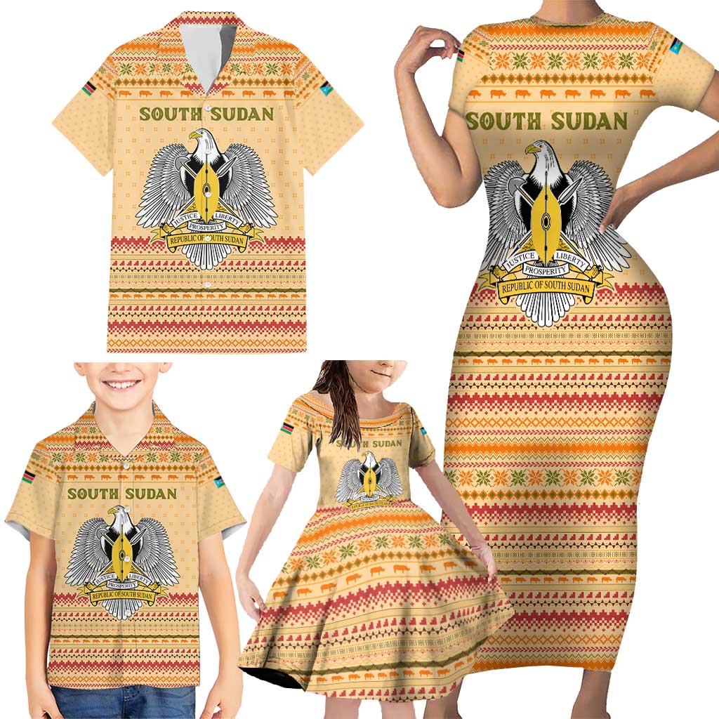 South Sudan Christmas Family Matching Short Sleeve Bodycon Dress and Hawaiian Shirt with Beige Tribal Pattern, National Emblem, and Green Star Motif - Wonder Print Shop