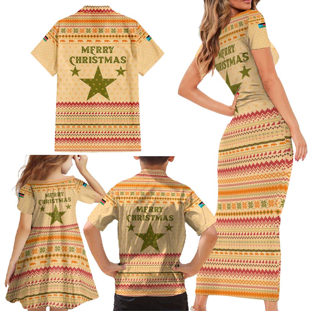 South Sudan Christmas Family Matching Short Sleeve Bodycon Dress and Hawaiian Shirt with Beige Tribal Pattern, National Emblem, and Green Star Motif - Wonder Print Shop