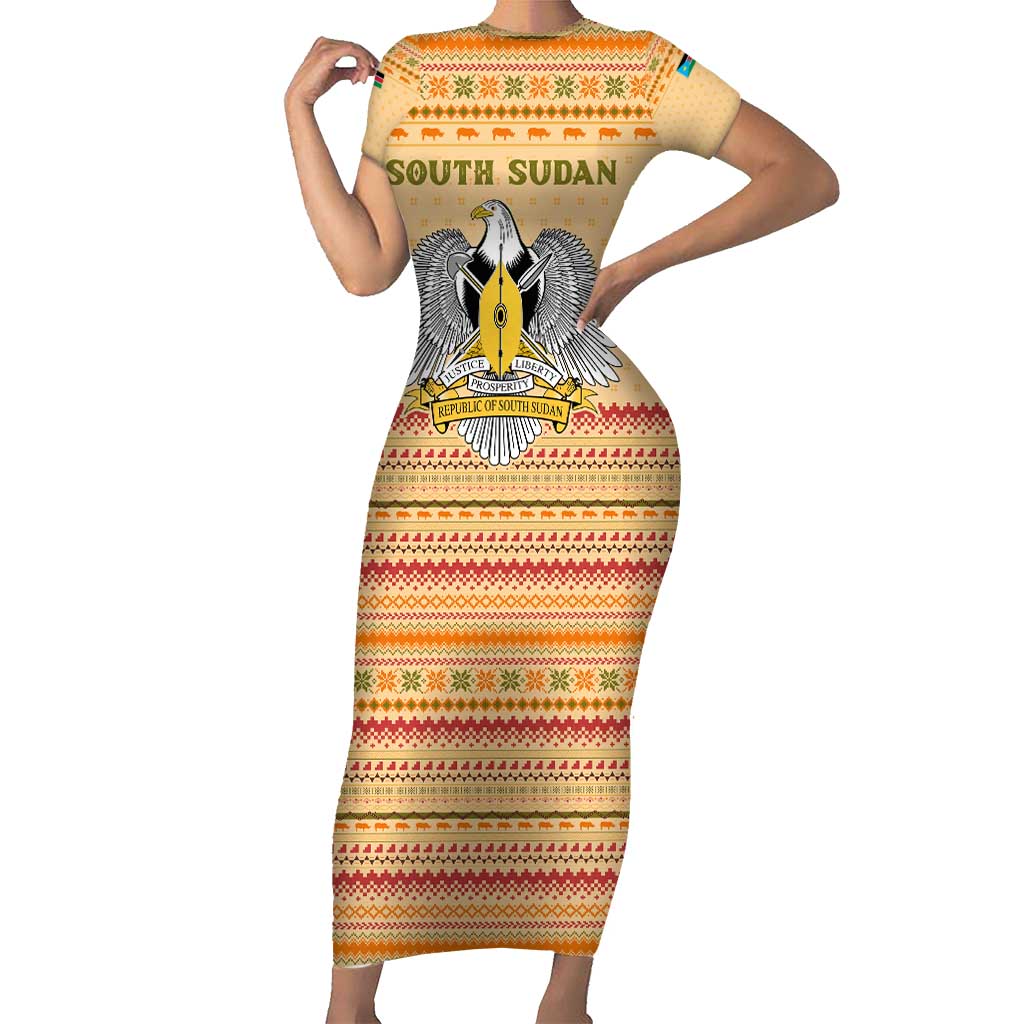 South Sudan Christmas Family Matching Short Sleeve Bodycon Dress and Hawaiian Shirt with Beige Tribal Pattern, National Emblem, and Green Star Motif - Wonder Print Shop