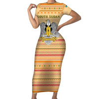 South Sudan Christmas Family Matching Short Sleeve Bodycon Dress and Hawaiian Shirt with Beige Tribal Pattern, National Emblem, and Green Star Motif - Wonder Print Shop