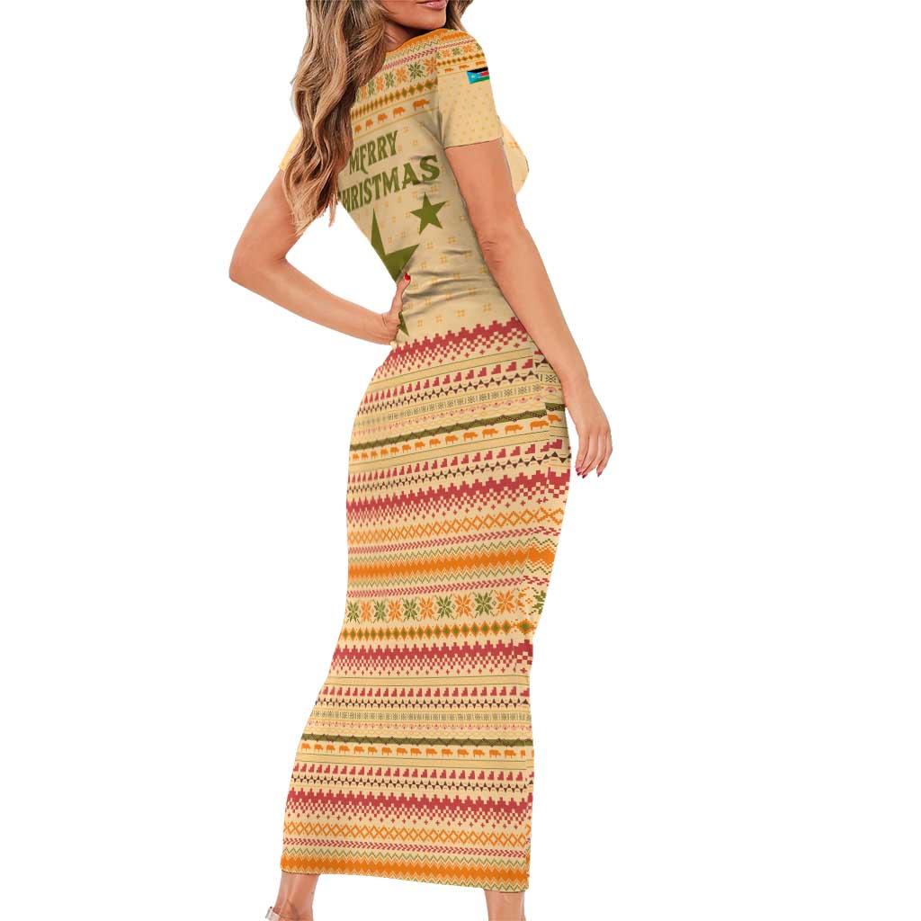 South Sudan Christmas Family Matching Short Sleeve Bodycon Dress and Hawaiian Shirt with Beige Tribal Pattern, National Emblem, and Green Star Motif - Wonder Print Shop