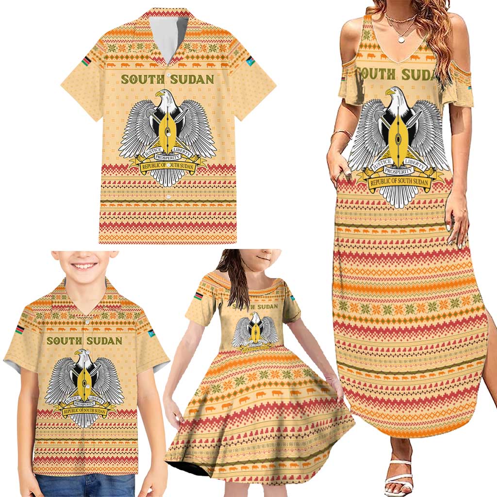 South Sudan Christmas Family Matching Summer Maxi Dress and Hawaiian Shirt with Beige Tribal Pattern, National Emblem, and Green Star Motif - Wonder Print Shop