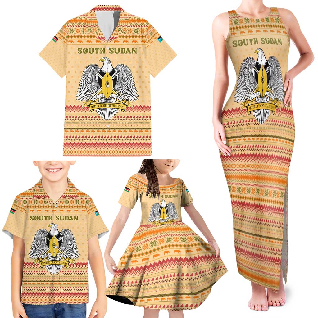 South Sudan Christmas Family Matching Tank Maxi Dress and Hawaiian Shirt with Beige Tribal Pattern, National Emblem, and Green Star Motif - Wonder Print Shop
