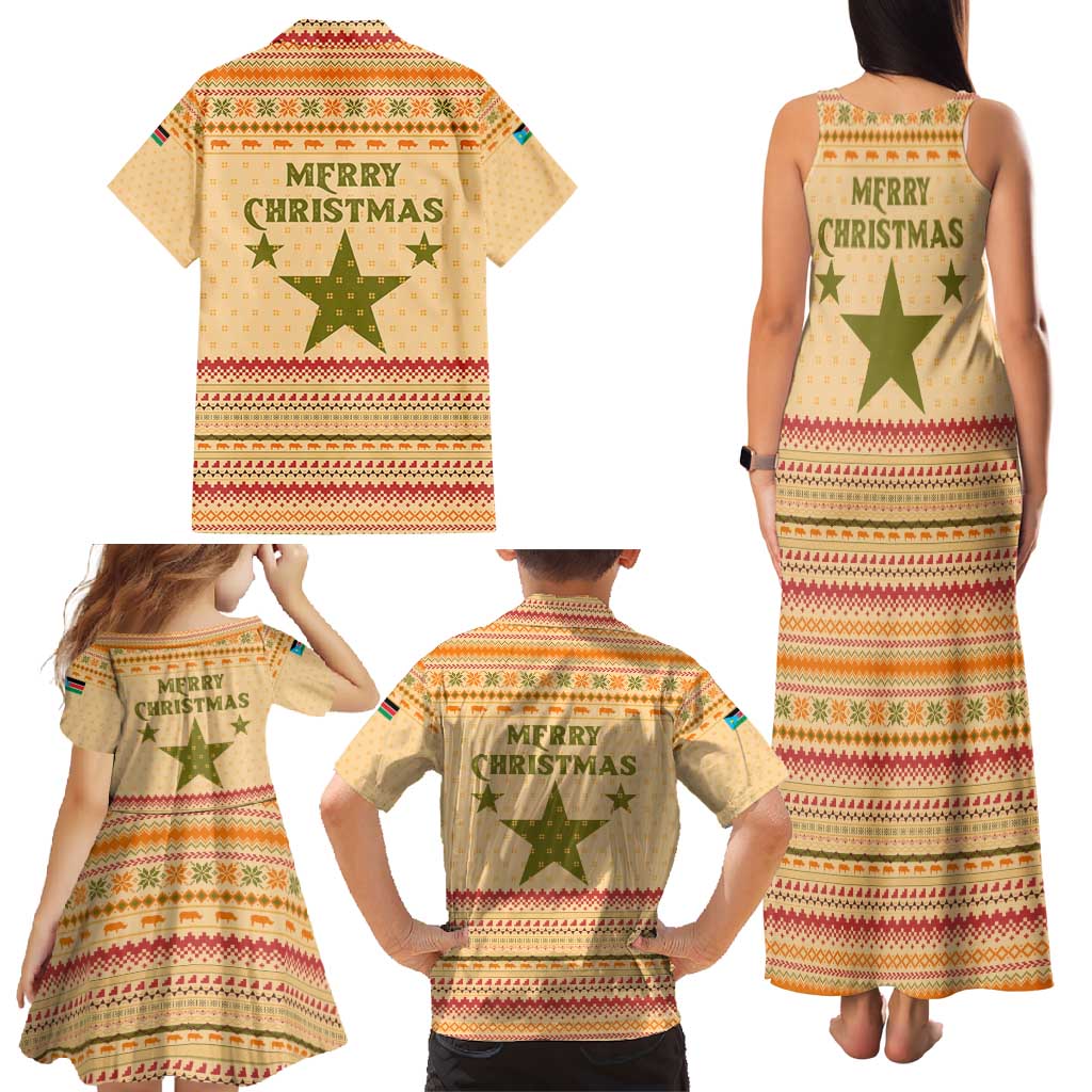 South Sudan Christmas Family Matching Tank Maxi Dress and Hawaiian Shirt with Beige Tribal Pattern, National Emblem, and Green Star Motif - Wonder Print Shop