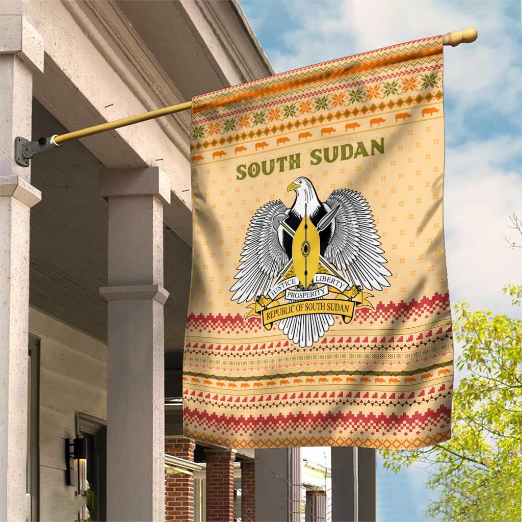 South Sudan Christmas Garden Flag with Beige Tribal Pattern, National Emblem, and Green Star Motif - Wonder Print Shop