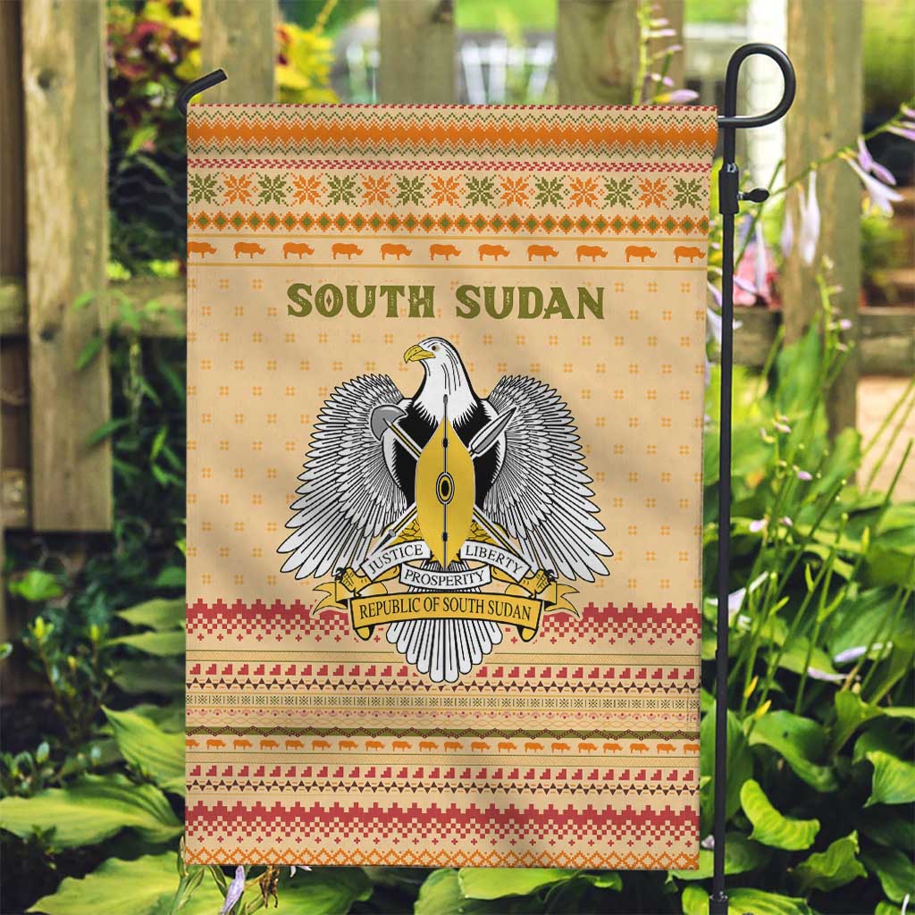 South Sudan Christmas Garden Flag with Beige Tribal Pattern, National Emblem, and Green Star Motif - Wonder Print Shop