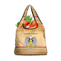 South Sudan Christmas Grocery Bag with Beige Tribal Pattern, National Emblem, and Green Star Motif - Wonder Print Shop