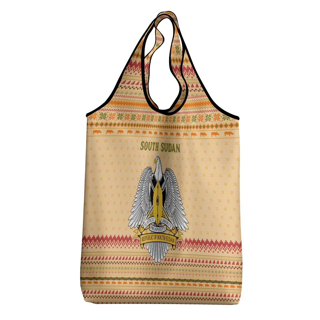 South Sudan Christmas Grocery Bag with Beige Tribal Pattern, National Emblem, and Green Star Motif - Wonder Print Shop