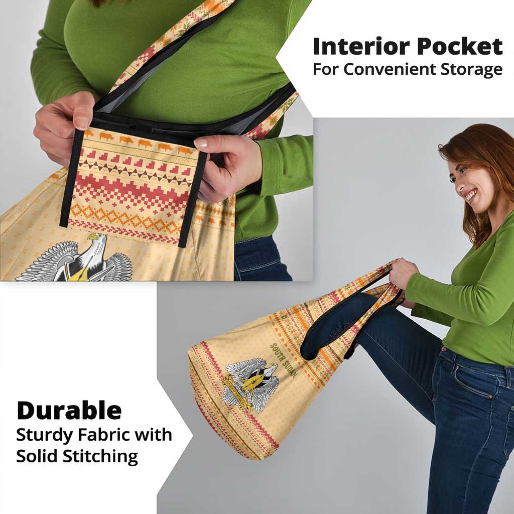 South Sudan Christmas Grocery Bag with Beige Tribal Pattern, National Emblem, and Green Star Motif - Wonder Print Shop