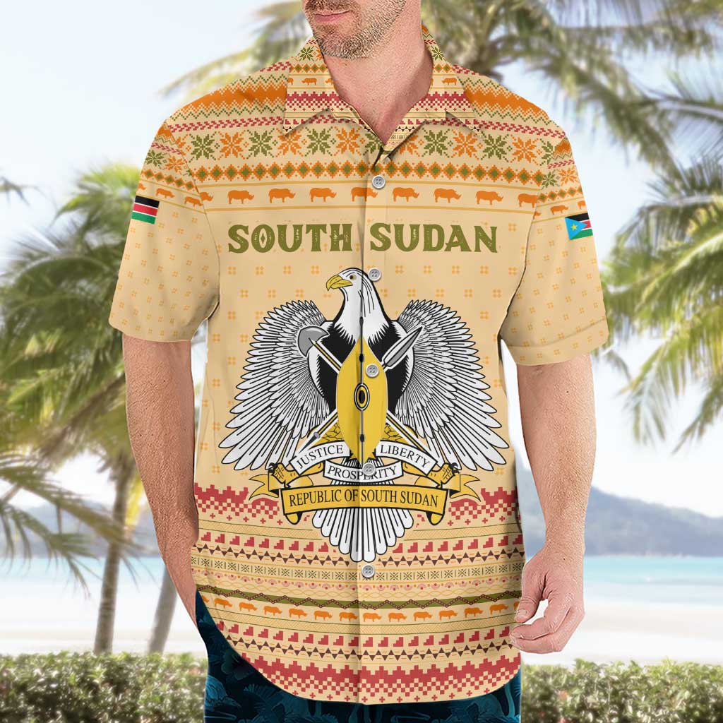 South Sudan Christmas Hawaiian Shirt with Beige Tribal Pattern, National Emblem, and Green Star Motif - Wonder Print Shop
