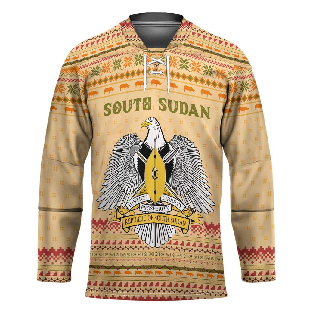 South Sudan Christmas Hockey Jersey with Beige Tribal Pattern, National Emblem, and Green Star Motif - Wonder Print Shop