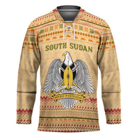 South Sudan Christmas Hockey Jersey with Beige Tribal Pattern, National Emblem, and Green Star Motif - Wonder Print Shop