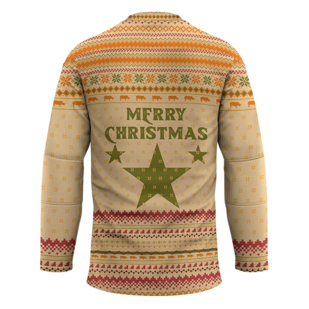 South Sudan Christmas Hockey Jersey with Beige Tribal Pattern, National Emblem, and Green Star Motif - Wonder Print Shop