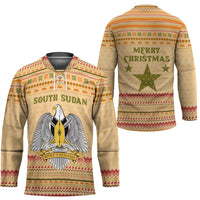 South Sudan Christmas Hockey Jersey with Beige Tribal Pattern, National Emblem, and Green Star Motif - Wonder Print Shop