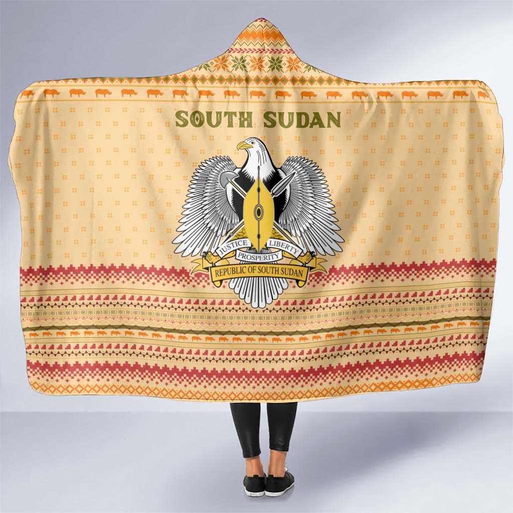South Sudan Christmas Hooded Blanket with Beige Tribal Pattern, National Emblem, and Green Star Motif - Wonder Print Shop