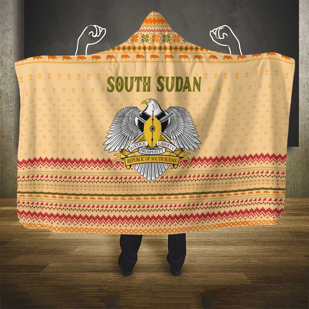 South Sudan Christmas Hooded Blanket with Beige Tribal Pattern, National Emblem, and Green Star Motif - Wonder Print Shop