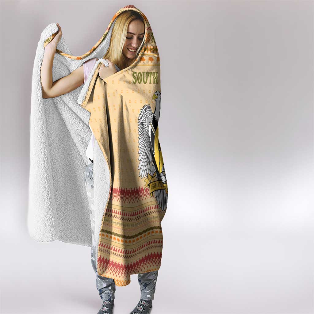 South Sudan Christmas Hooded Blanket with Beige Tribal Pattern, National Emblem, and Green Star Motif - Wonder Print Shop