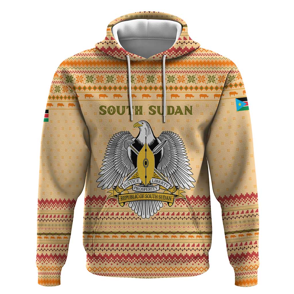 South Sudan Christmas Hoodie with Beige Tribal Pattern, National Emblem, and Green Star Motif - Wonder Print Shop