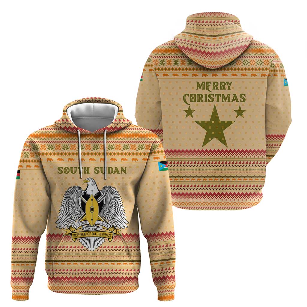 South Sudan Christmas Hoodie with Beige Tribal Pattern, National Emblem, and Green Star Motif - Wonder Print Shop