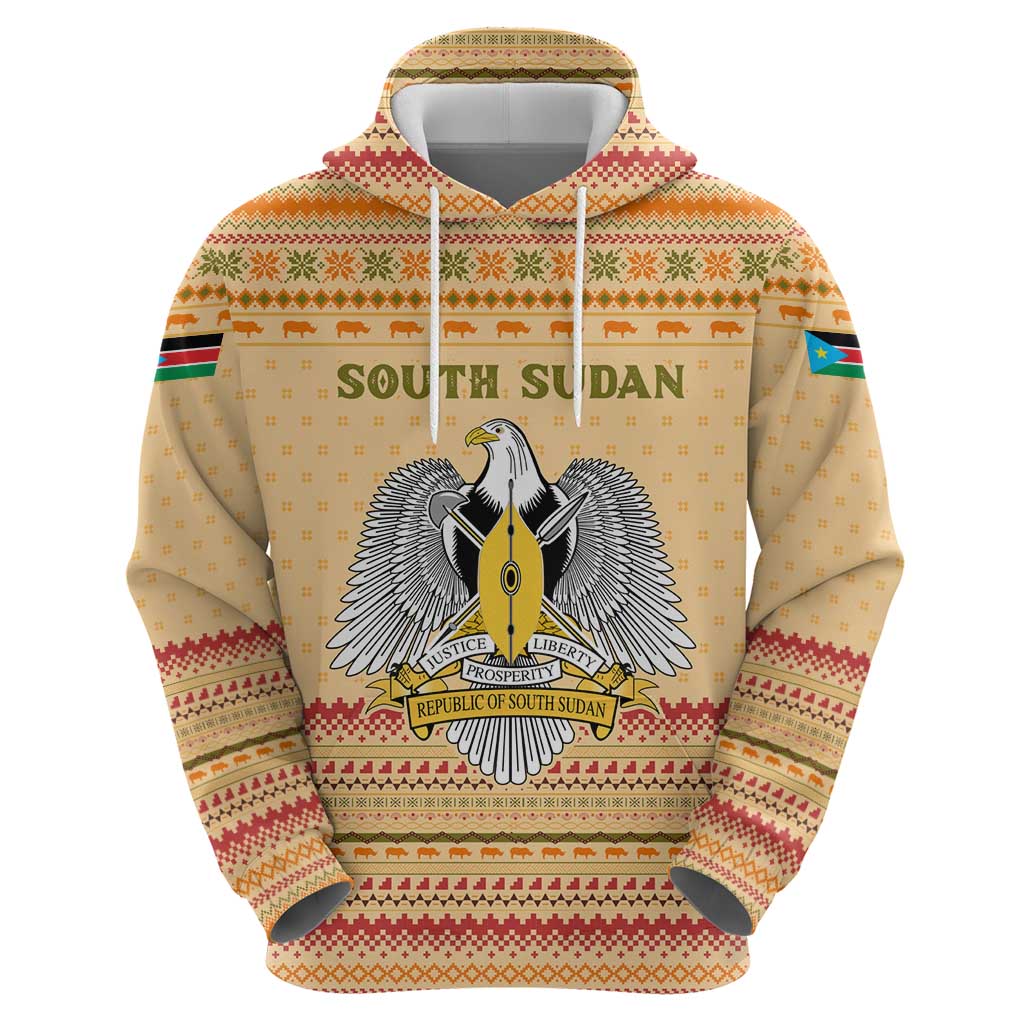 South Sudan Christmas Hoodie with Beige Tribal Pattern, National Emblem, and Green Star Motif - Wonder Print Shop