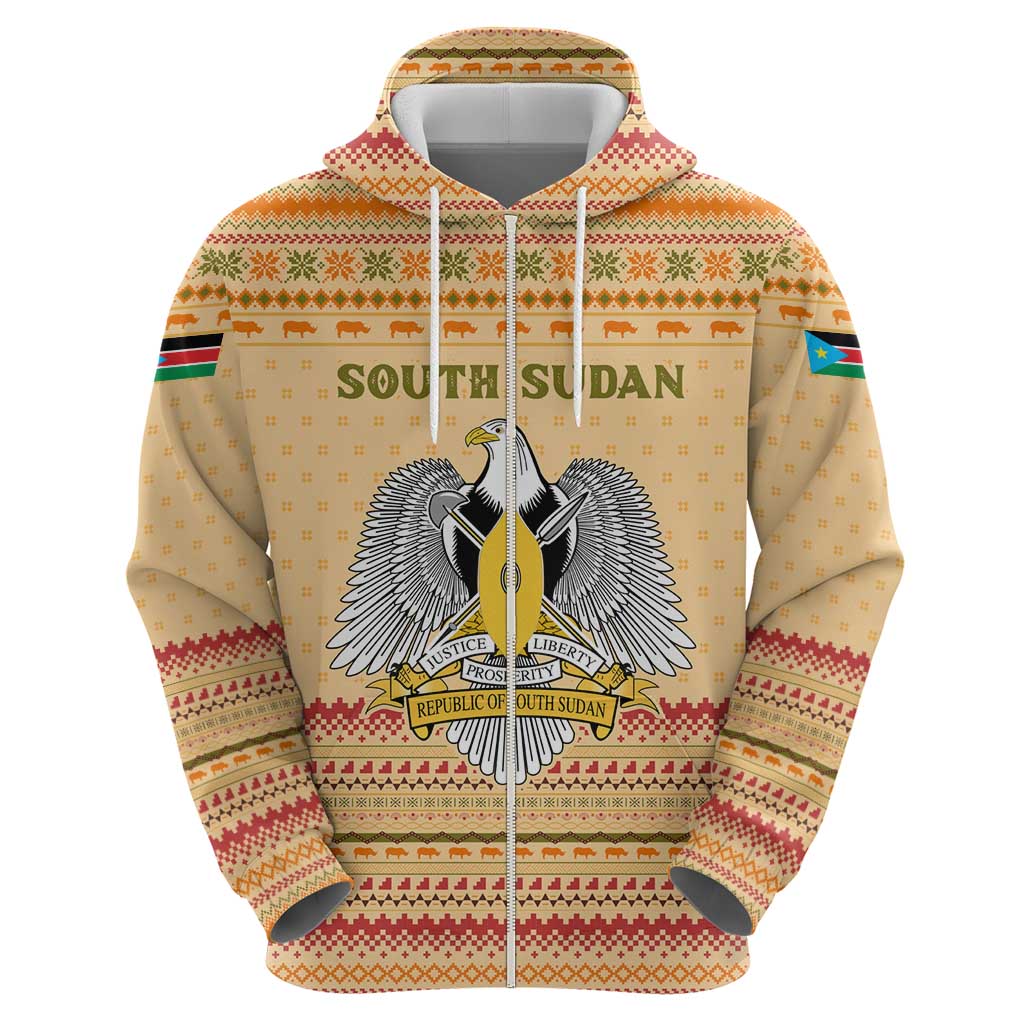 South Sudan Christmas Hoodie with Beige Tribal Pattern, National Emblem, and Green Star Motif - Wonder Print Shop