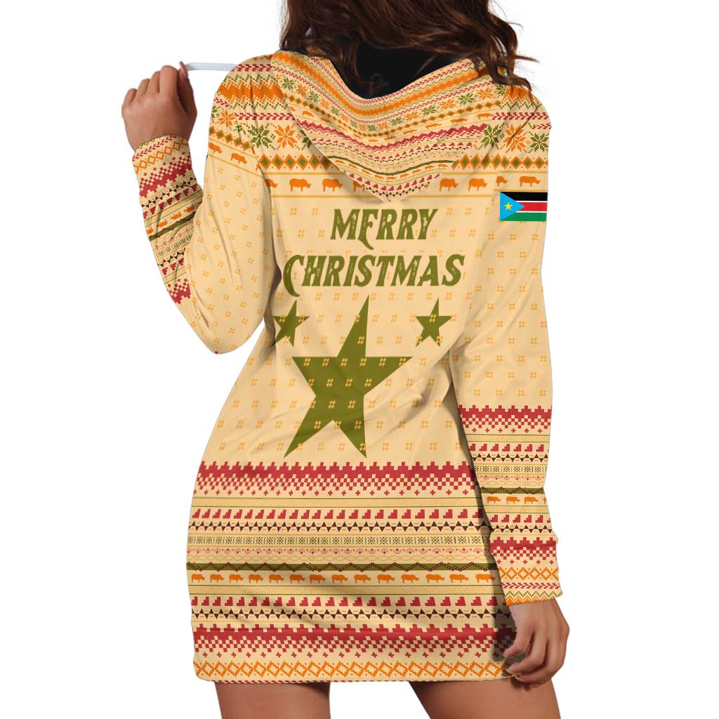 South Sudan Christmas Hoodie Dress with Beige Tribal Pattern, National Emblem, and Green Star Motif - Wonder Print Shop