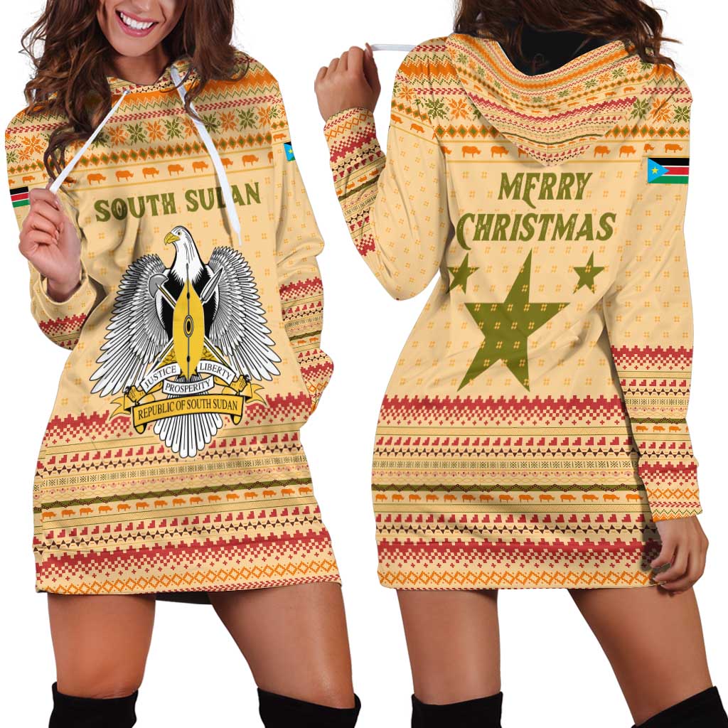 South Sudan Christmas Hoodie Dress with Beige Tribal Pattern, National Emblem, and Green Star Motif - Wonder Print Shop