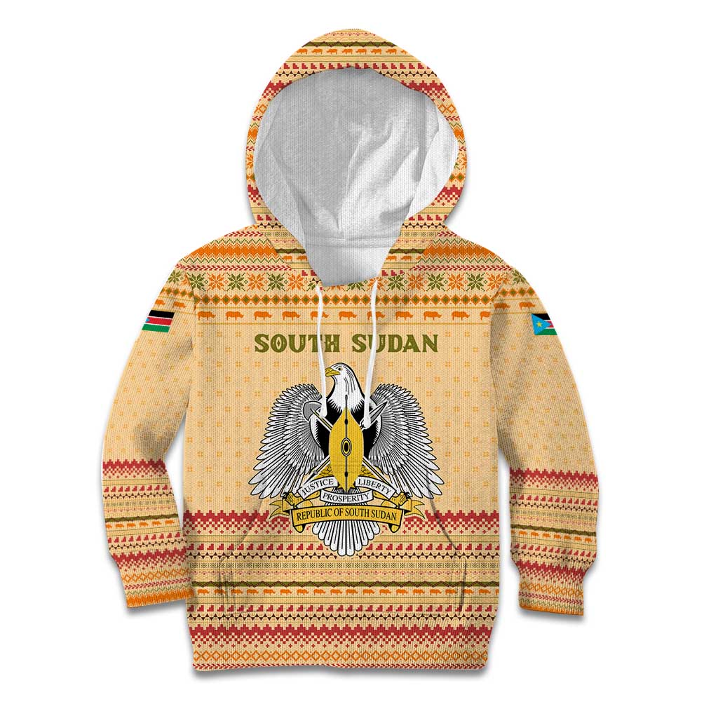 South Sudan Christmas Kid Hoodie with Beige Tribal Pattern, National Emblem, and Green Star Motif - Wonder Print Shop