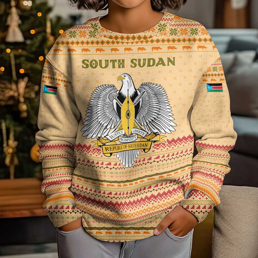 South Sudan Christmas Kid Ugly Christmas Sweater with Beige Tribal Pattern, National Emblem, and Green Star Motif - Wonder Print Shop