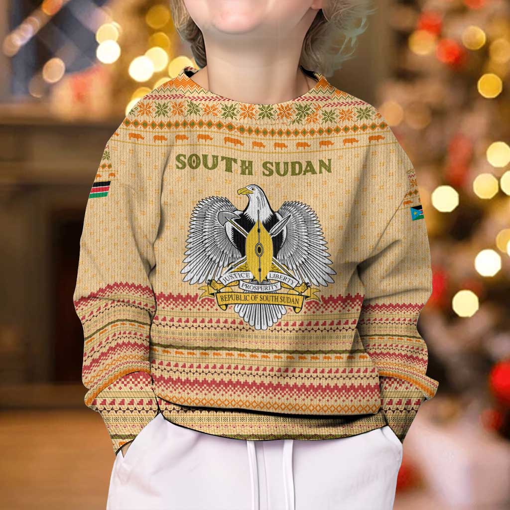 South Sudan Christmas Kid Ugly Christmas Sweater with Beige Tribal Pattern, National Emblem, and Green Star Motif - Wonder Print Shop