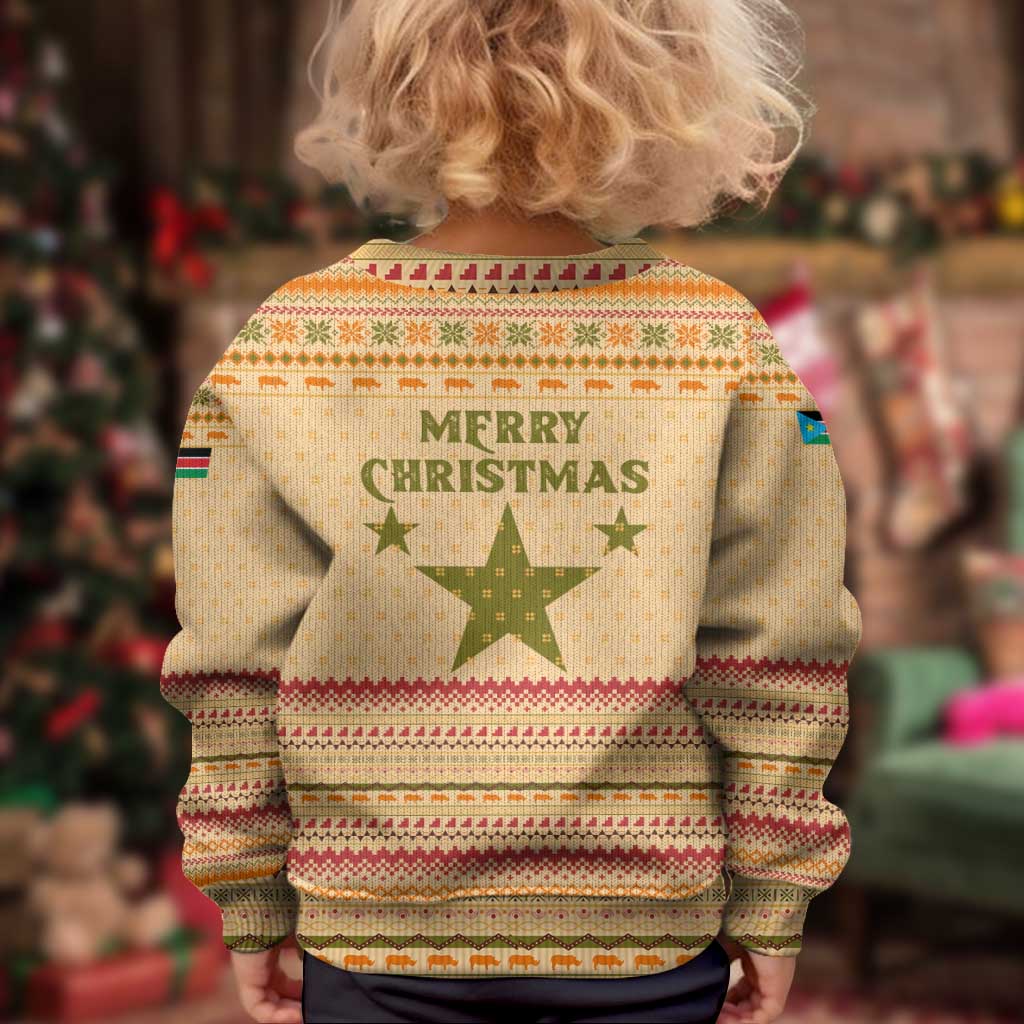 South Sudan Christmas Kid Ugly Christmas Sweater with Beige Tribal Pattern, National Emblem, and Green Star Motif - Wonder Print Shop
