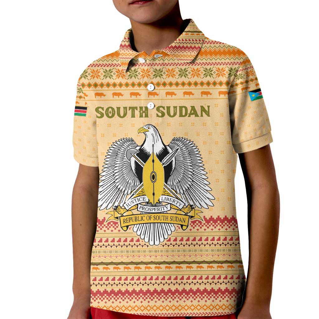 South Sudan Christmas Kid Polo Shirt with Beige Tribal Pattern, National Emblem, and Green Star Motif - Wonder Print Shop