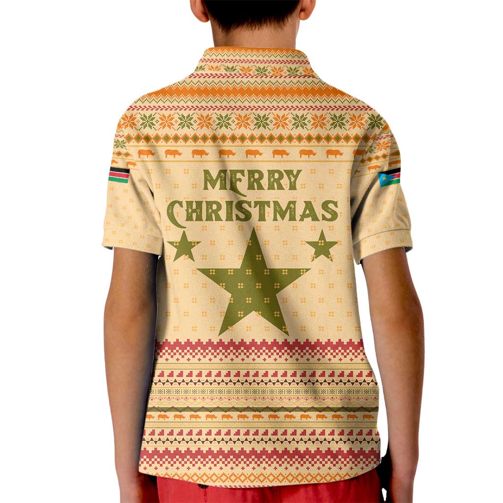 South Sudan Christmas Kid Polo Shirt with Beige Tribal Pattern, National Emblem, and Green Star Motif - Wonder Print Shop