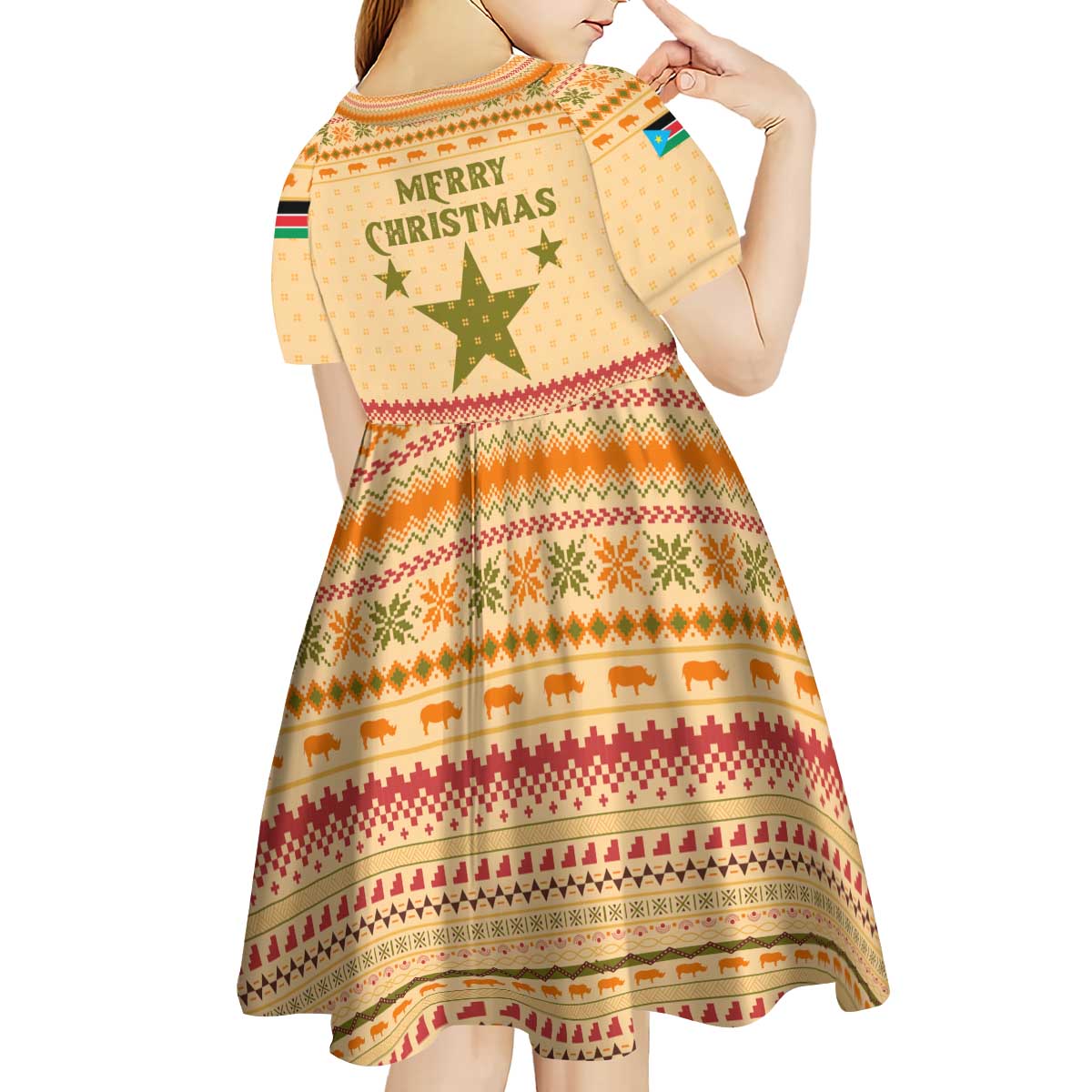 South Sudan Christmas Kid Short Sleeve Dress with Beige Tribal Pattern, National Emblem, and Green Star Motif - Wonder Print Shop
