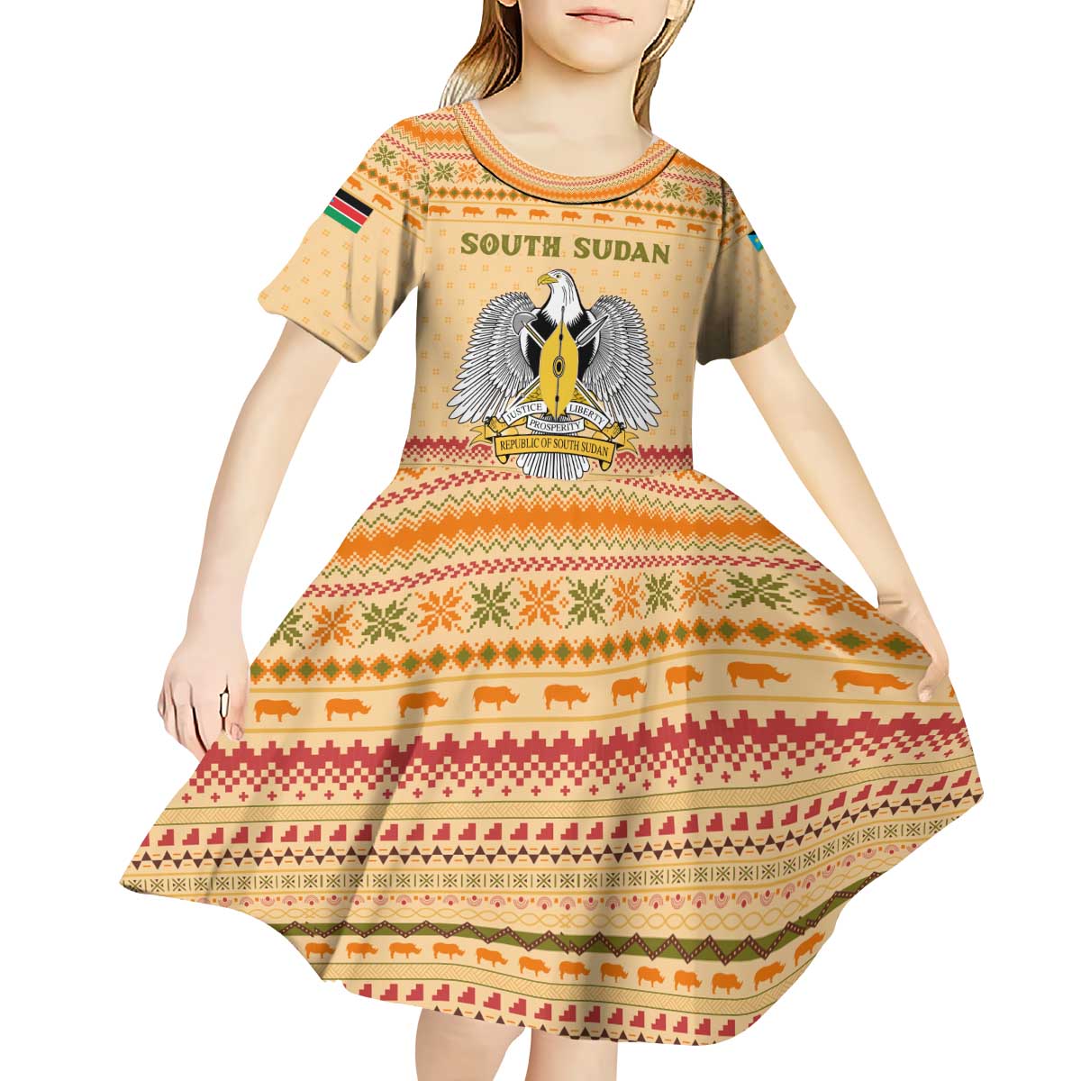South Sudan Christmas Kid Short Sleeve Dress with Beige Tribal Pattern, National Emblem, and Green Star Motif - Wonder Print Shop
