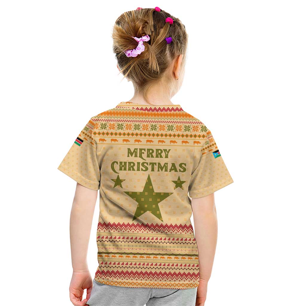 South Sudan Christmas Kid T Shirt with Beige Tribal Pattern, National Emblem, and Green Star Motif - Wonder Print Shop