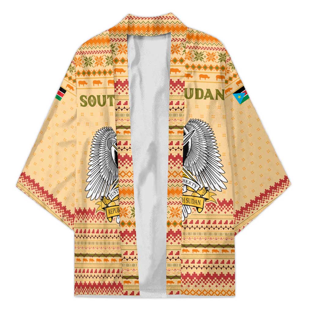 South Sudan Christmas Kimono with Beige Tribal Pattern, National Emblem, and Green Star Motif - Wonder Print Shop