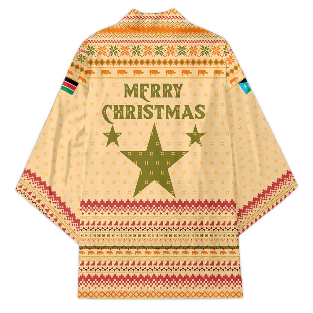 South Sudan Christmas Kimono with Beige Tribal Pattern, National Emblem, and Green Star Motif - Wonder Print Shop