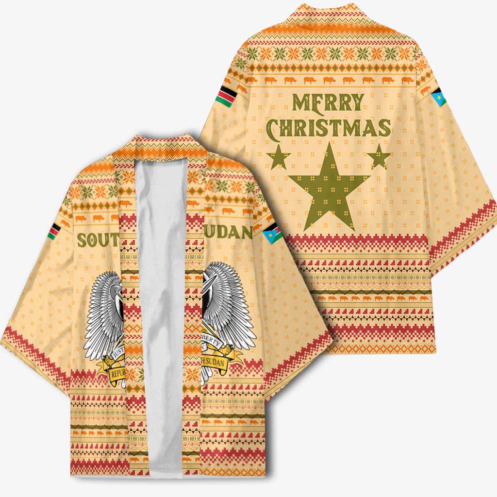 South Sudan Christmas Kimono with Beige Tribal Pattern, National Emblem, and Green Star Motif - Wonder Print Shop
