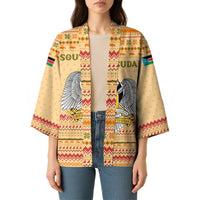 South Sudan Christmas Kimono with Beige Tribal Pattern, National Emblem, and Green Star Motif - Wonder Print Shop