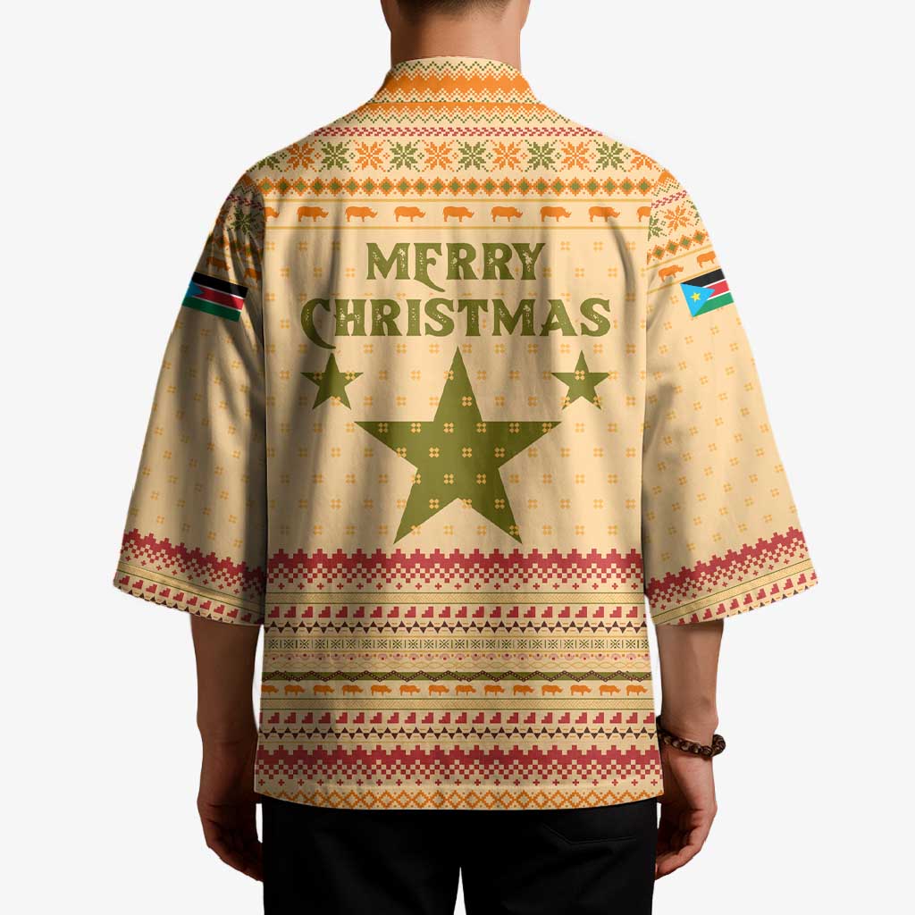 South Sudan Christmas Kimono with Beige Tribal Pattern, National Emblem, and Green Star Motif - Wonder Print Shop