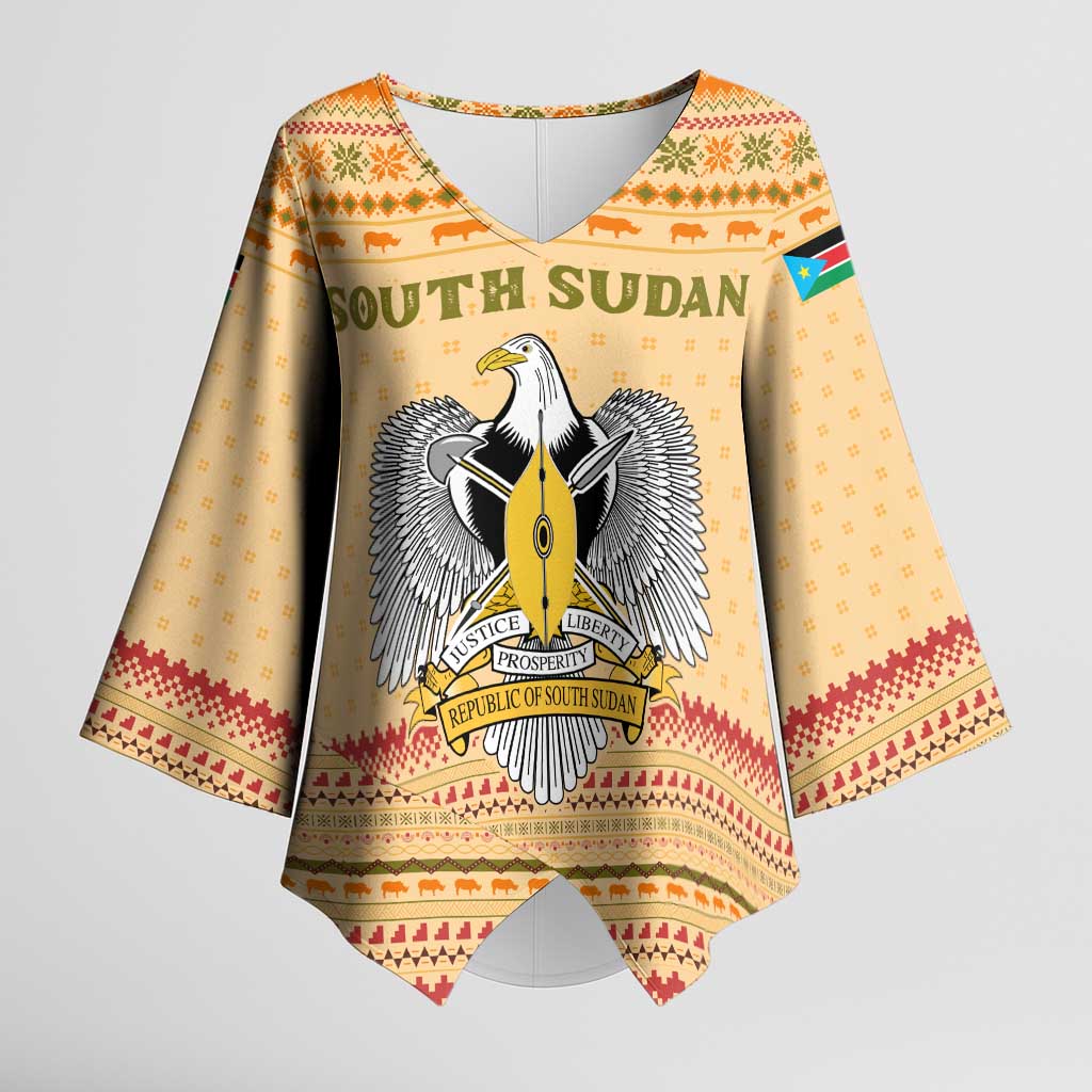 South Sudan Christmas Kimono Sleeve Blouse with Beige Tribal Pattern, National Emblem, and Green Star Motif - Wonder Print Shop