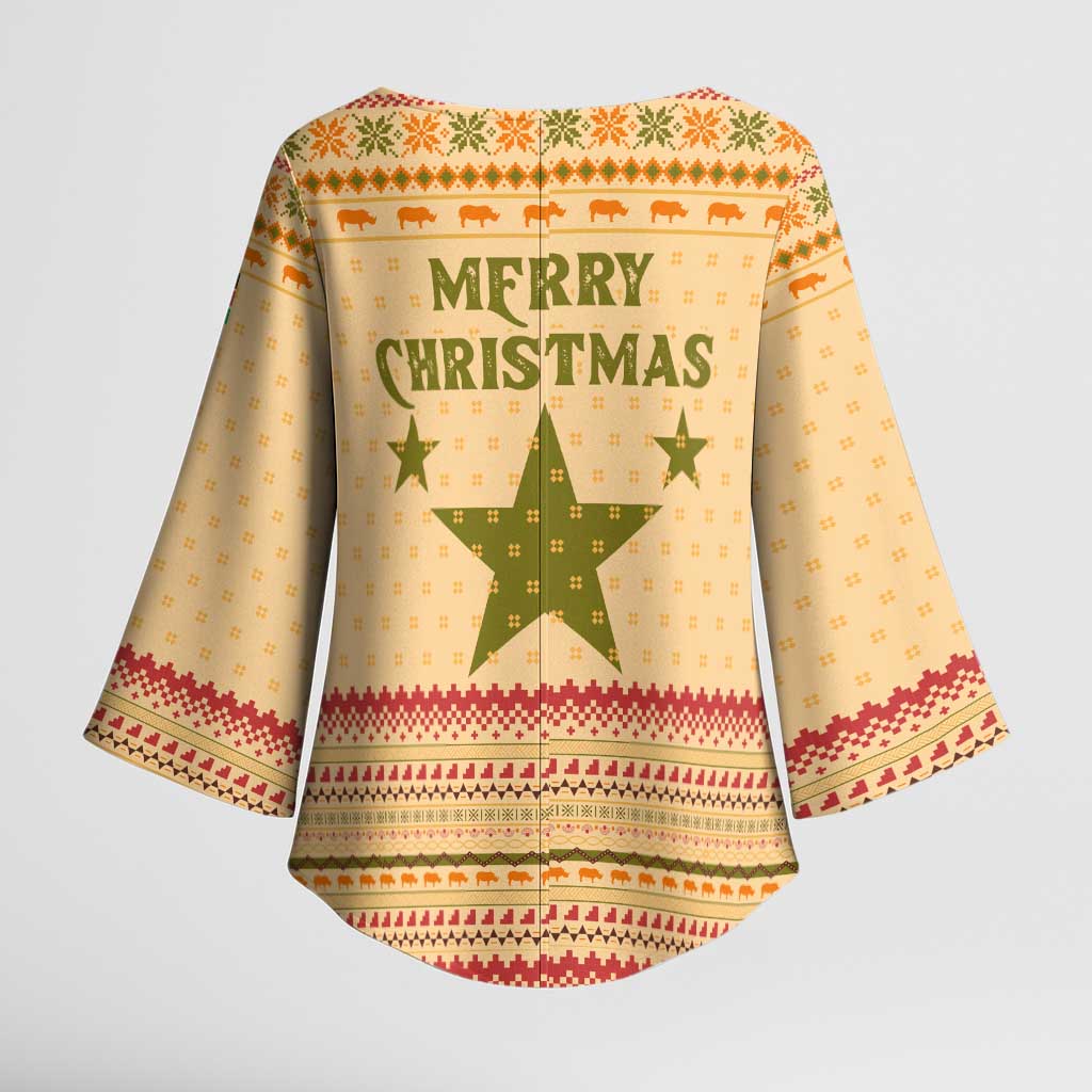 South Sudan Christmas Kimono Sleeve Blouse with Beige Tribal Pattern, National Emblem, and Green Star Motif - Wonder Print Shop