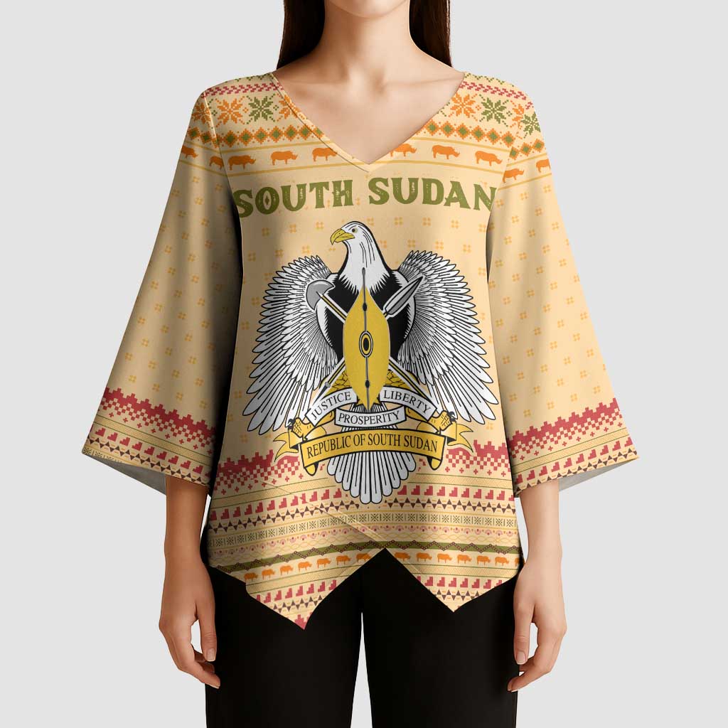 South Sudan Christmas Kimono Sleeve Blouse with Beige Tribal Pattern, National Emblem, and Green Star Motif - Wonder Print Shop